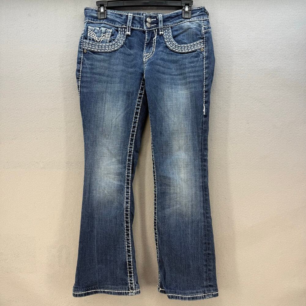 EUC Vigoss Womens Blue Jeans 5/28 Bootcut Western Embroidered Casual Biker Logo